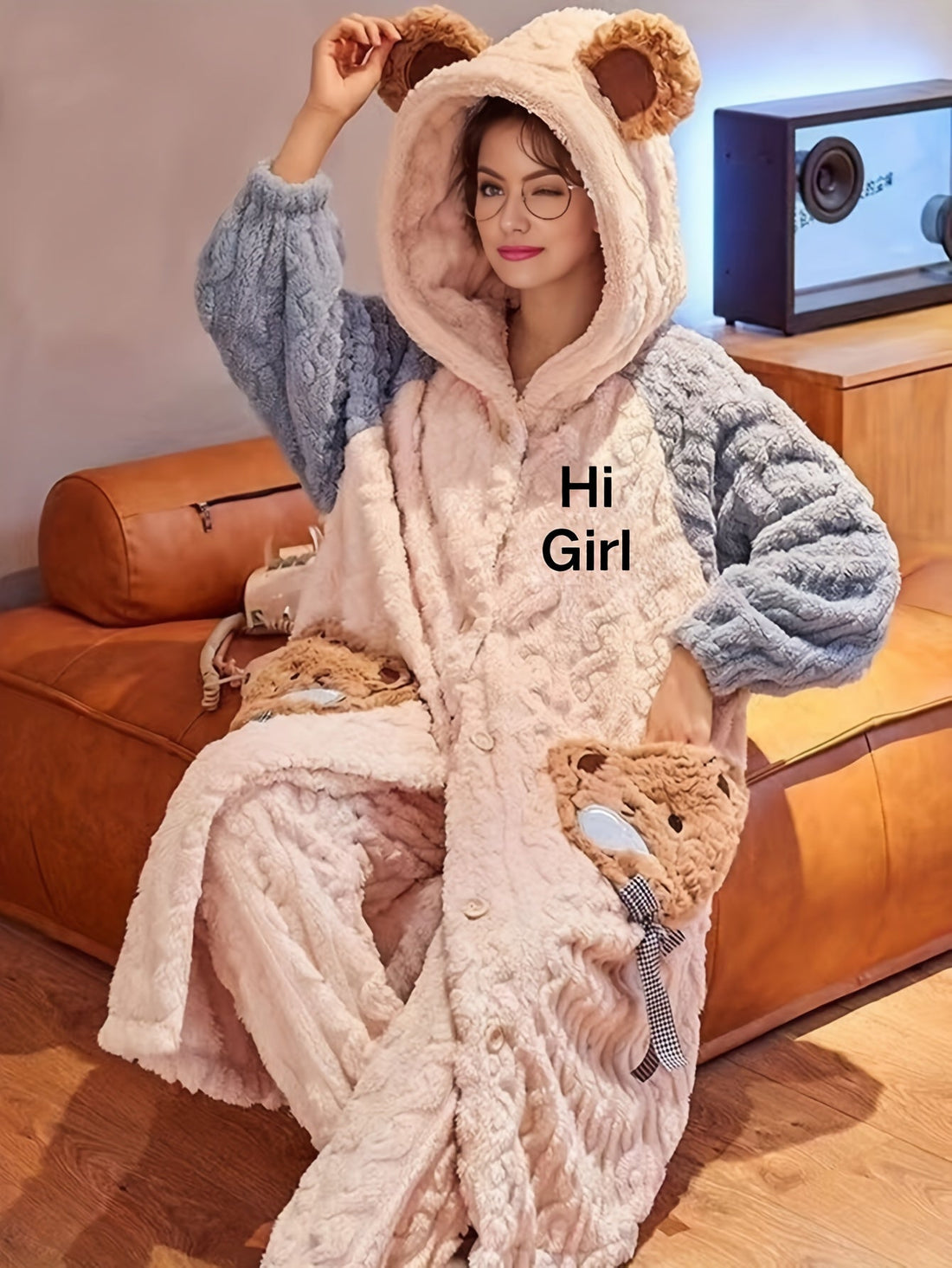 Cartoon Bear Plush Hooded Night Robe