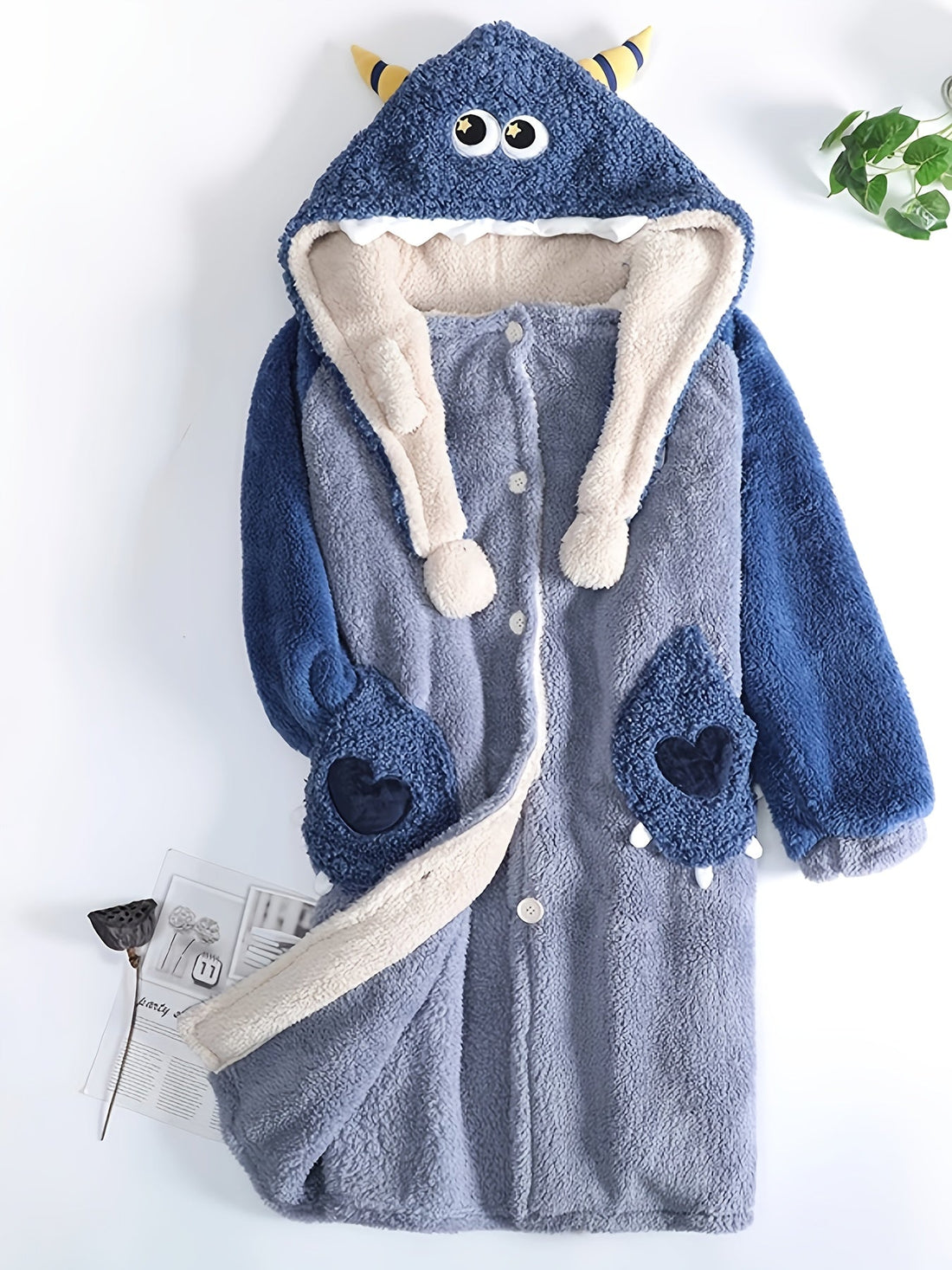 Fuzzy Cartoon Hooded Night Robe with Pockets