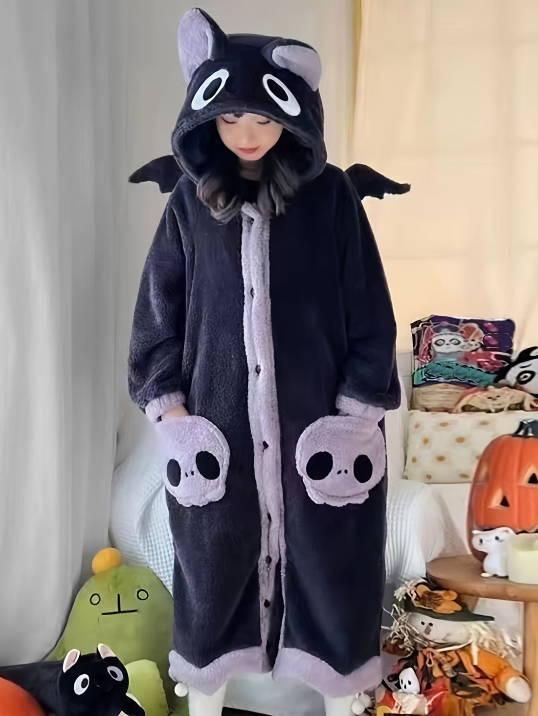 Cute Cartoon Fleece Hooded Night Robe for Women